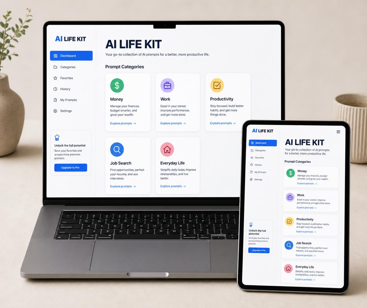AI Life Kit shown on a laptop and tablet with organized prompt categories for money, budgeting, job search, productivity, and email